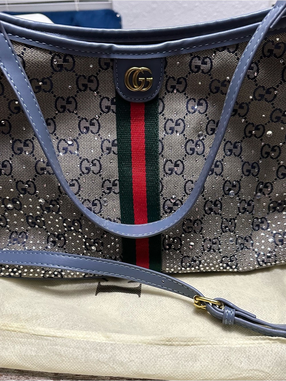Blue-Trim Supreme Shoulder Bag with bling - Picture 3 of 11